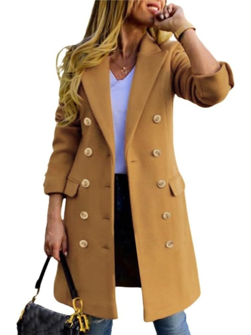 Womens Coffee Wool Blend Double Breasted Gold Buttons Fall Midi Long Trench Coat